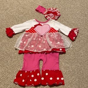 Ricrac & Ruffles romper w/ matching headband, size 0/3 months, red & pink